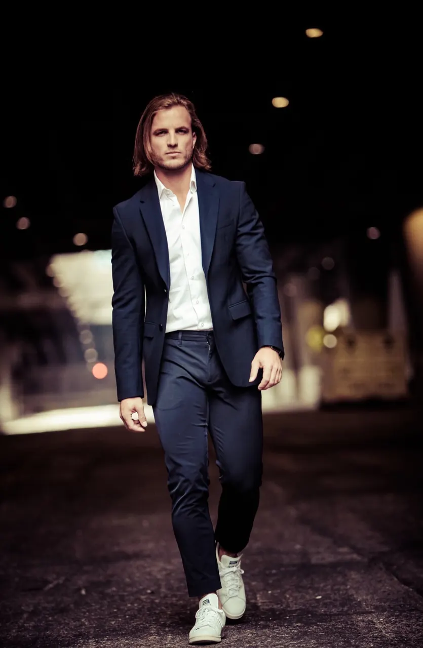 Navy suit / city walk